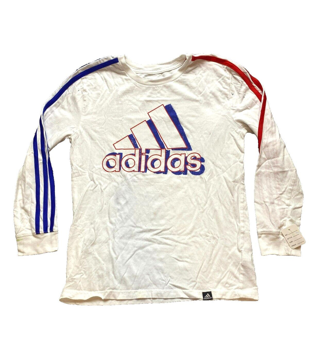 Adidas Shirt Youth Medium White Three Stripes Big Center Logo Athletic Boys