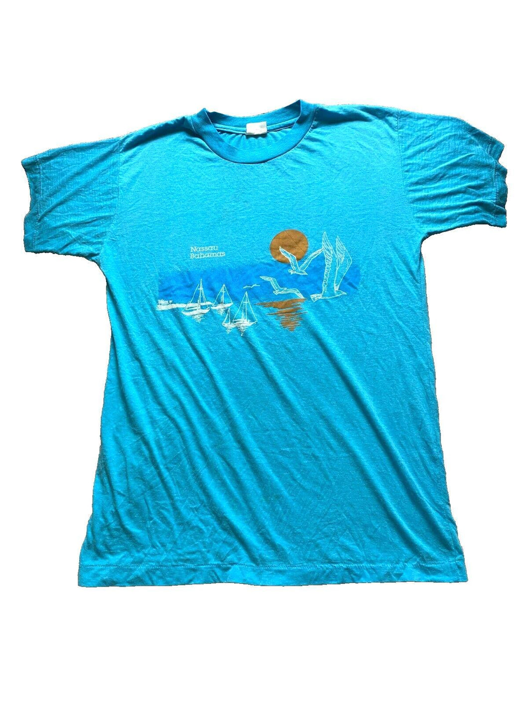 VTG Nassau Bahamas Shirt Womens Medium Single Stitch Sailboat Bird Blue 80s