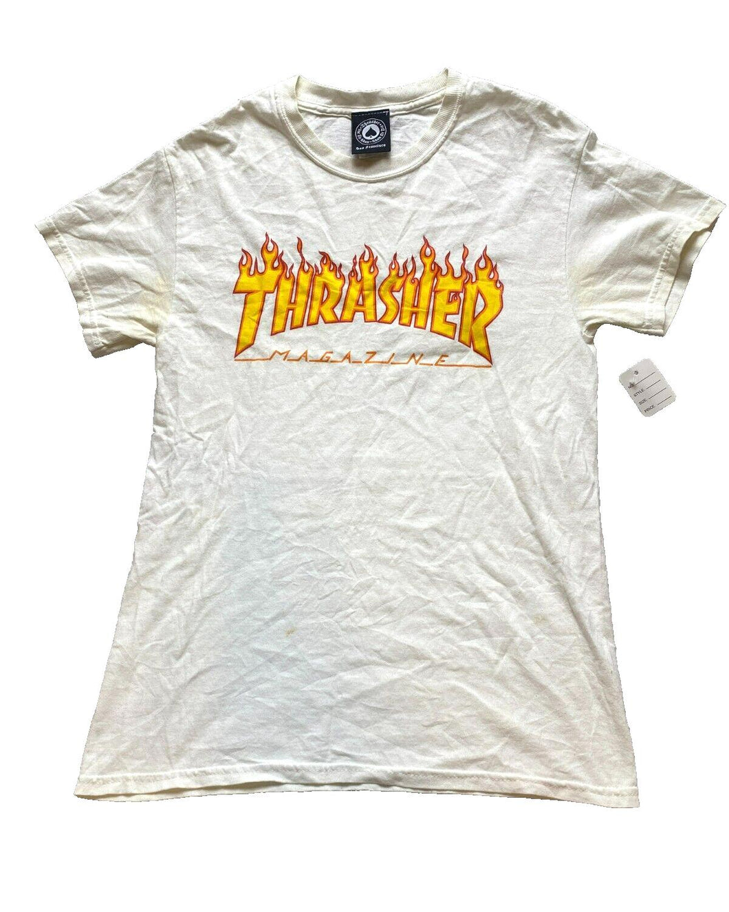 Thrasher Shirt Small Beige Magazine Flame Spell Out Skateboard Streetwear Mens