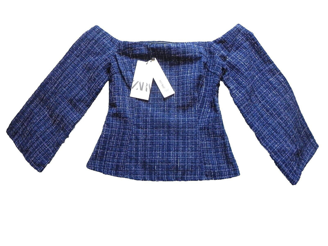 Zara Shirt Womens Small Tweed Off The Shoulder Blouse Flared Sleeve Ladies NWT