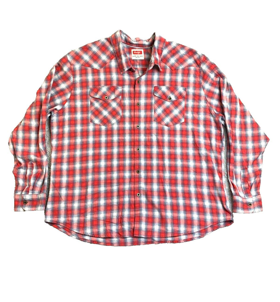 Wrangler Shirt Adult 3XL XXXL Red White Plaid Button Up Flannel Spandex Mens