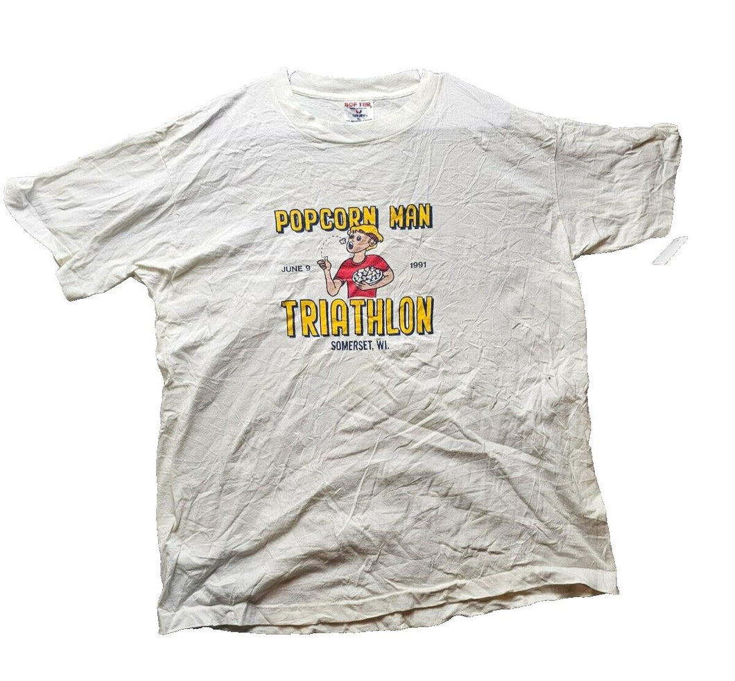 VTG Popcorn Man Shirt Adult Extra Large White Triathlon Single Stitch 90s Mens
