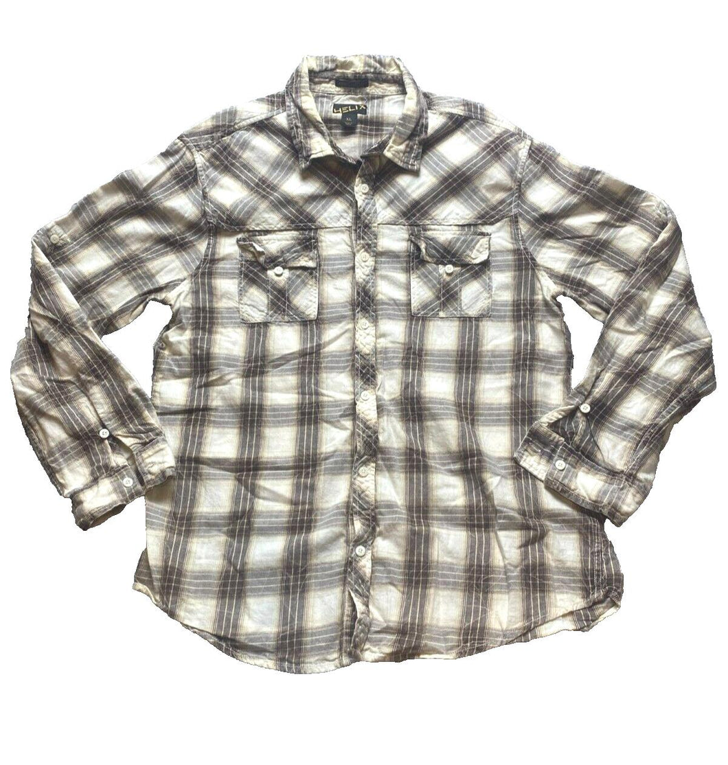 Helix Shirt Adult Extra Large Brown Beige Flannel Athletic Fit Button Up Mens