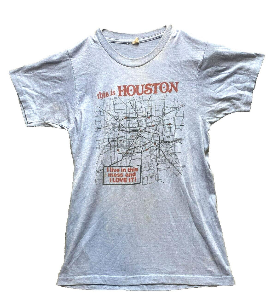 Vintage Houston Texas Shirt Adult Small Light Blue City Map Single Stitch Mens