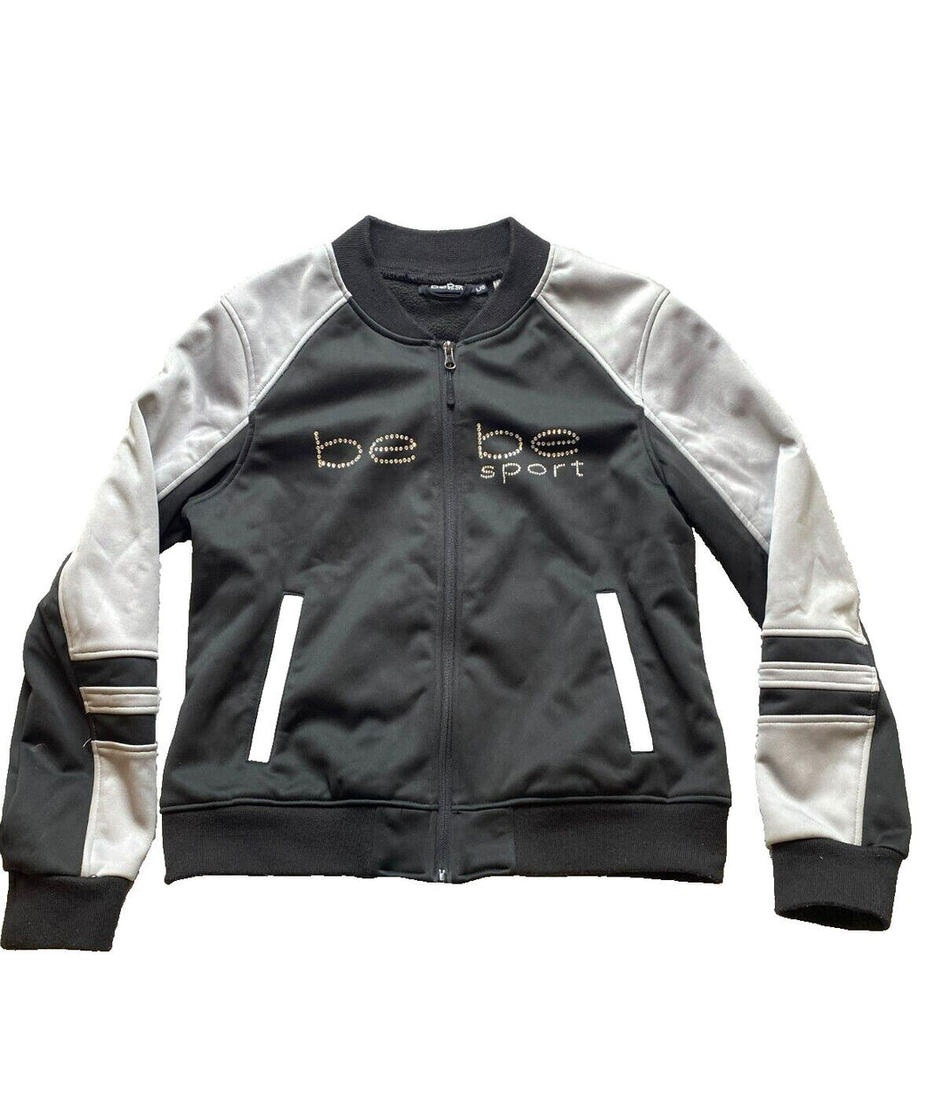 Bebe Jacket Womens Large Black Gray Sport Full Zip Bomber Fleece Activewear Lady