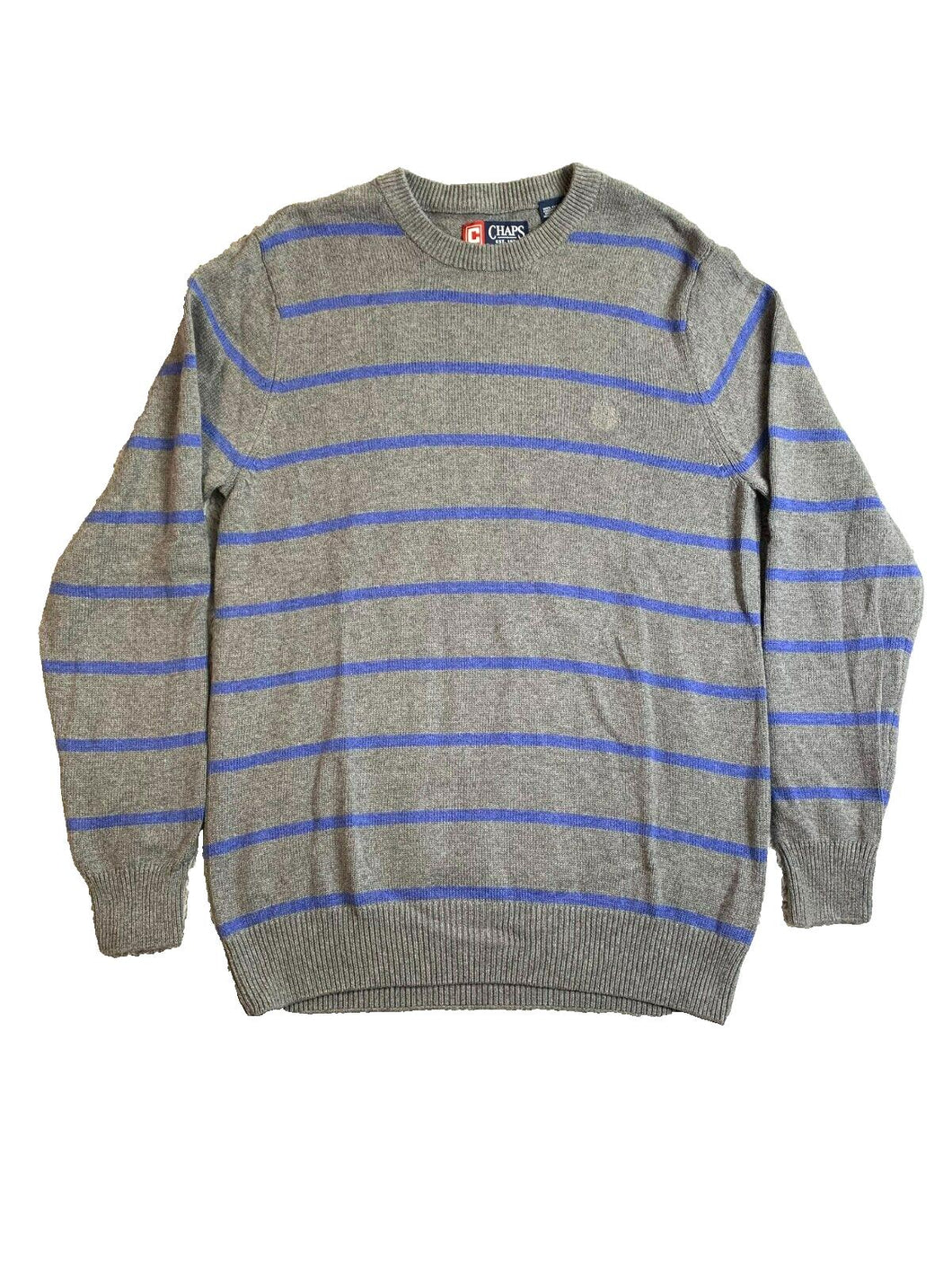 CHAPS Ralph Lauren Sweater Adult Medium Gray Blue Striped Crest Logo Knitted Men