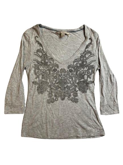 Zara Collection Shirt Womens Medium Gray V-Neck Flower Retro Casual Blouse Lady
