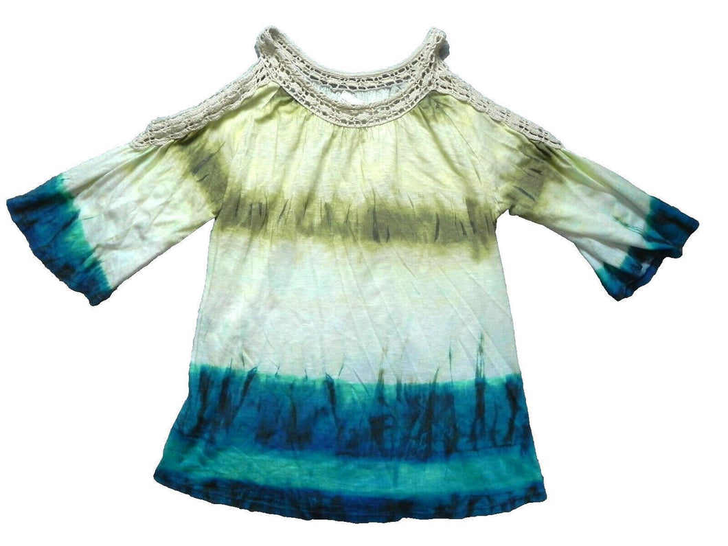 Chico's Shirt Womens 1 Tie Dye Cold Shoulder Sleeve Crochet Lace Blouse Ladies