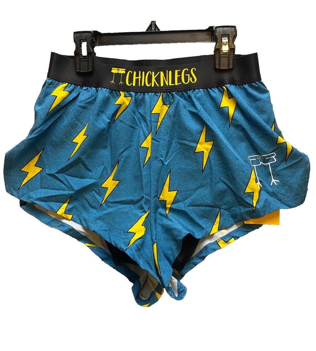 Chicknlegs Shorts Adult Small Yellow Bolts AOP Split Running Athletic Men NWT