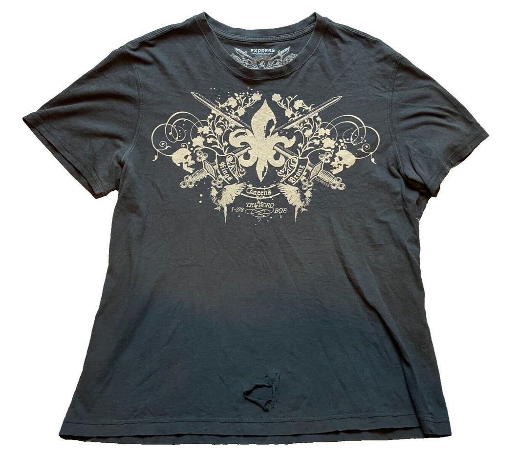 Express Shirt Mens Large Black Y2K Grunge Skull Swords Thrashed Gothcore