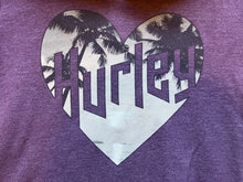 Load image into Gallery viewer, Hurley Sweatshirt Womens Medium Purple Hoodie Heart Spell Out Beachy Surf
