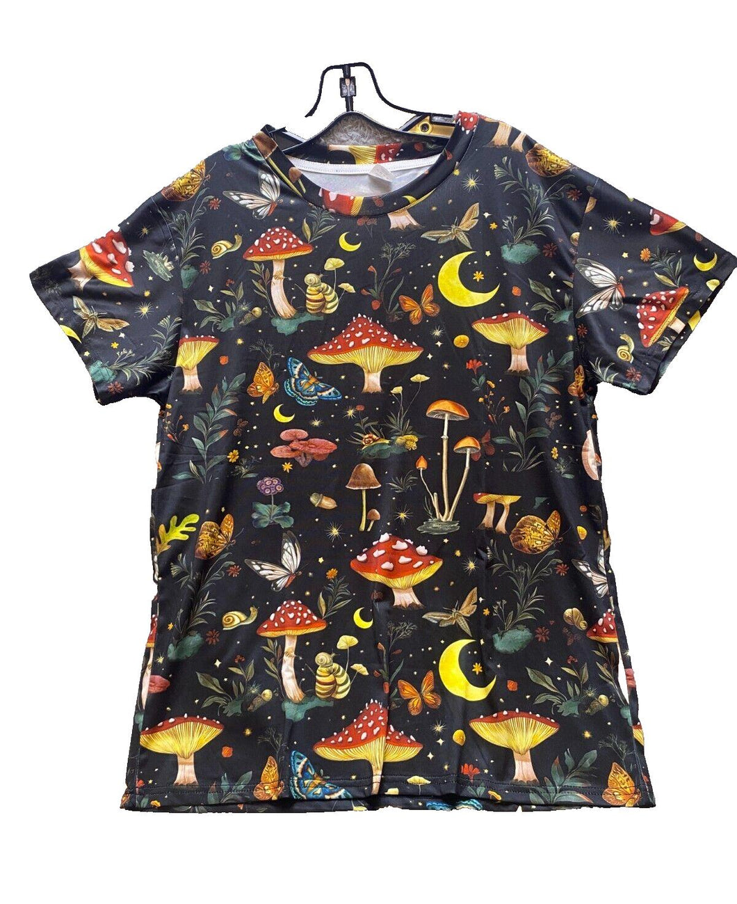 Mushroom Shirt Mens Extra Large Moth Moon AOP Psychedelic Rainbow Stretchy