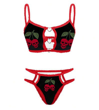 Load image into Gallery viewer, Dark Punk Style Skull &amp; Cherry Print Lace Patchwork Heart Decor Women Thin Camisole Bra &amp; Panty 2pcs Set
