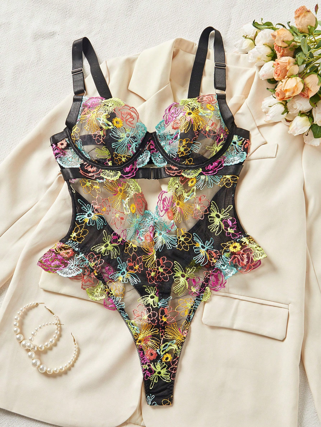 Women's Sexy Floral Embroidery Mesh Spaghetti Straps Bodysuit
