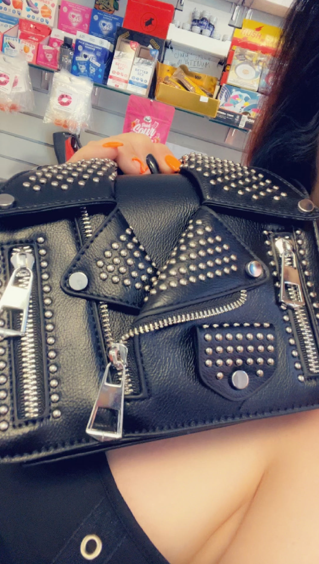 Metal studded purse with strap
