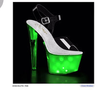 Load and play video in Gallery viewer, DISCOLITE-708 Clr/White Glow, 7&quot; Heel, 2 3/4&quot; PF Item # (SKU): DISCOLT708/C/WGLOW Size: 5-10 7&quot; (178mm) Heel, 2 3/4&quot; (70mm) Platform USB Chargeable LED Light-Up Ankle Strap Sandal w/ Multi Color Disco Lighting Effects in Various Patterns/Settings
