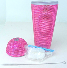 Load image into Gallery viewer, Fuchsia Pink Rhinestone Bling Water Bottle Cup with Lid - No Straw - 24 oz
