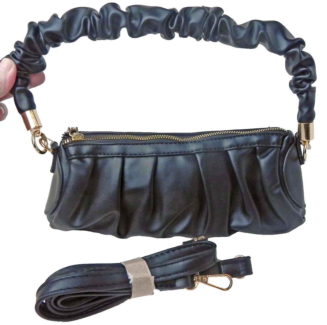 Black Faux Leather Scrunchie Barrel Bag Purse with Detachable Shoulder Strap