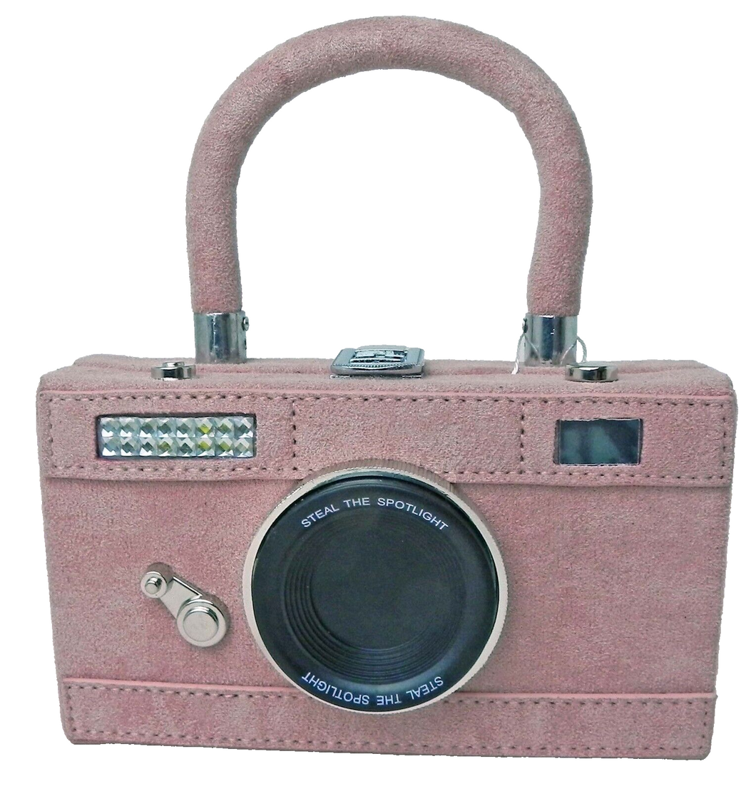 Pink Suede Camera Shaped Purse with Detachable Shoulder Strap