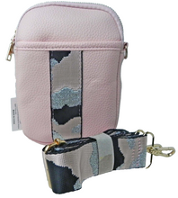 Load image into Gallery viewer, Pink Faux Leather Crossbody with wide Pink Black and Silver Detachable Strap
