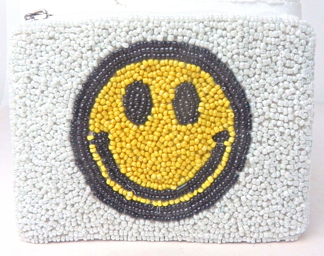 Yellow and Black Smiley Face Beaded Coin Pouch Wallet with Zip Closure