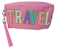 Load image into Gallery viewer, Barbie Pink Fuzzy Letter Nylon Travel Make-up Bag Pouch w/ Wrist Strap
