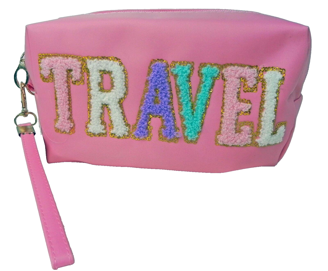 Barbie Pink Fuzzy Letter Nylon Travel Make-up Bag Pouch w/ Wrist Strap