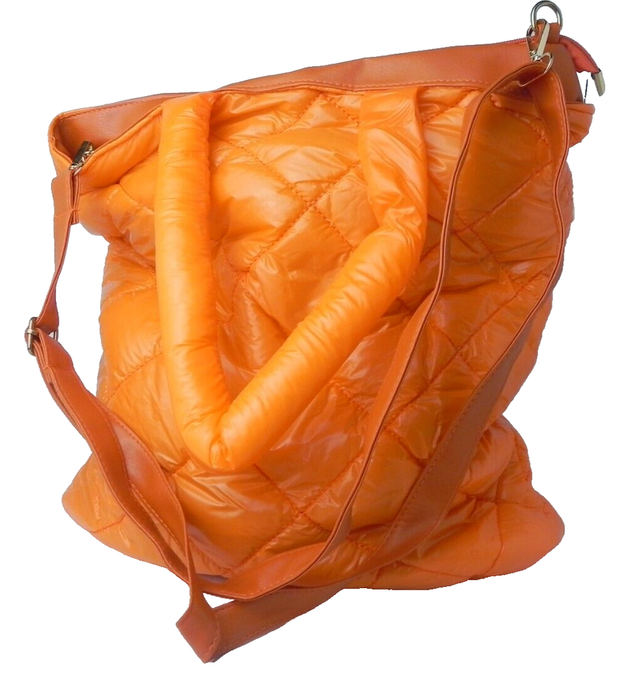 NEW Bright Orange Quilted Large Tote Bag Double Handle Detachable Shoulder Strap