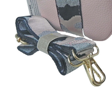 Load image into Gallery viewer, Pink Faux Leather Crossbody with wide Pink Black and Silver Detachable Strap
