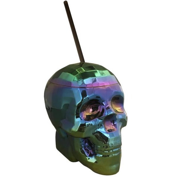 Rainbow Oil Slick Skull Cup with Straw