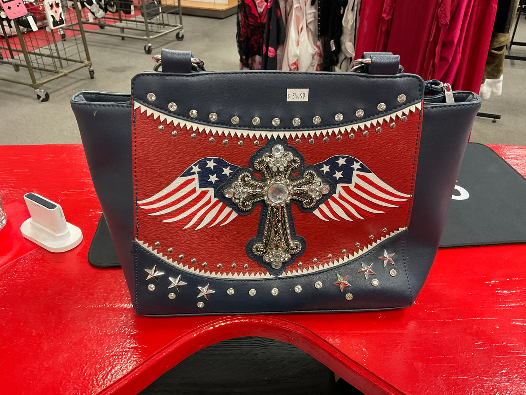 Red, white, and blue cross and wing purse