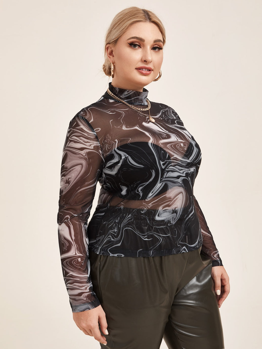 Mock-Neck Marble Print Mesh Top Without Bra