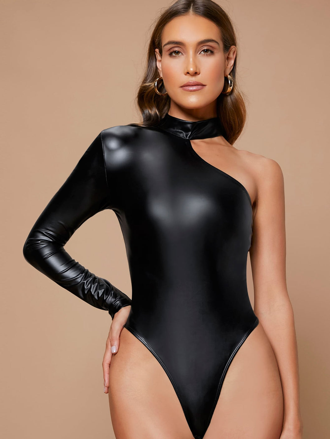One Sleeve PU Leather Bodysuit XL