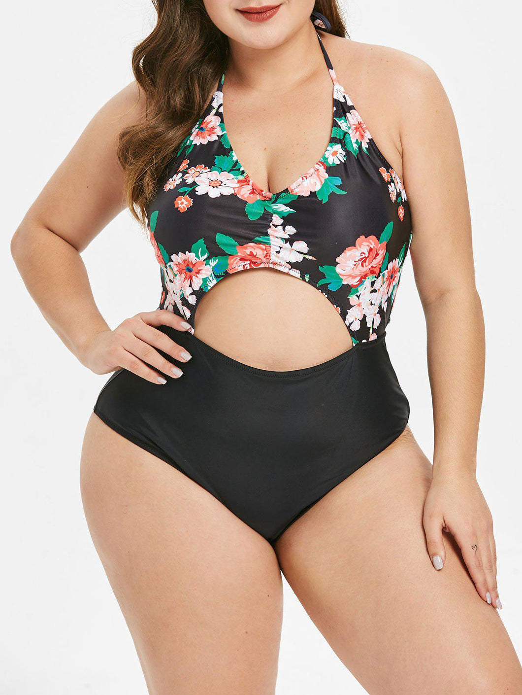 Rosegal plus swimsuit black and floral with peekaboo