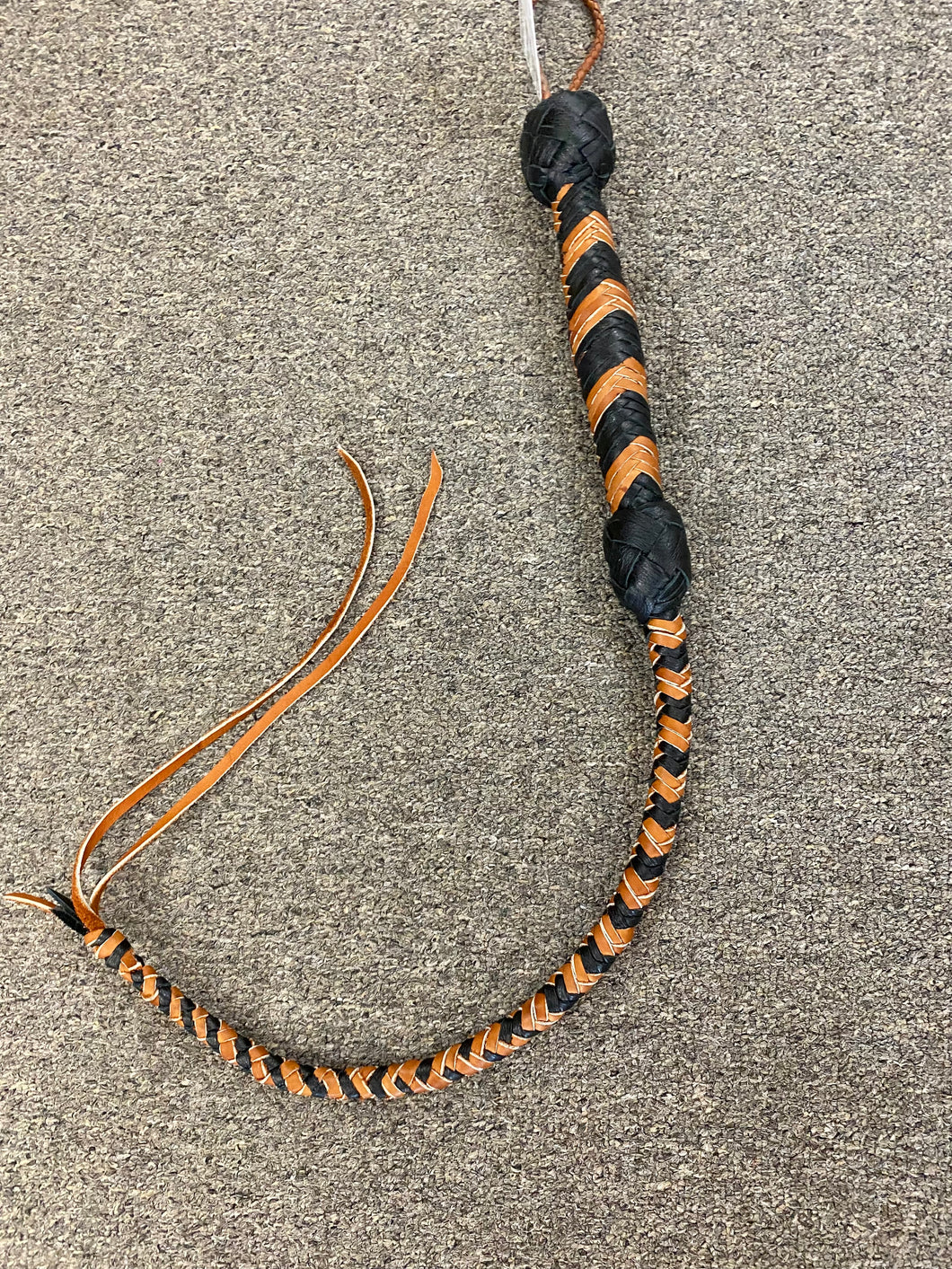 BLACK AND BROWN LEATHER BRAIDED DOUBLE TAIL WHIP BY DAN HOUCHINS