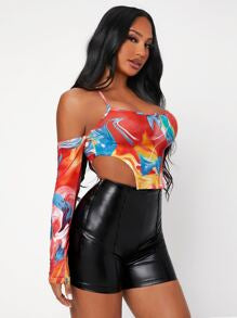 Shein sexy sleeve halter top multicolored size