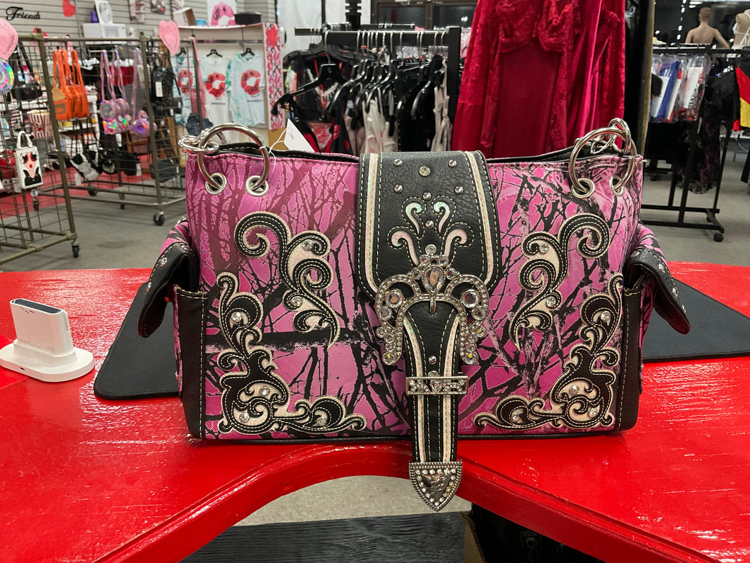Pink and black camo purse