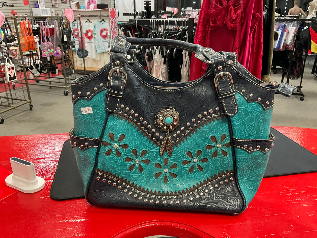 Turquoise and black flower and feather purse