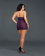 Load image into Gallery viewer, STRETCH MESH CHEMISE W/ SHIRRING DETAIL &amp; G-STRING PLUM QUEEN
