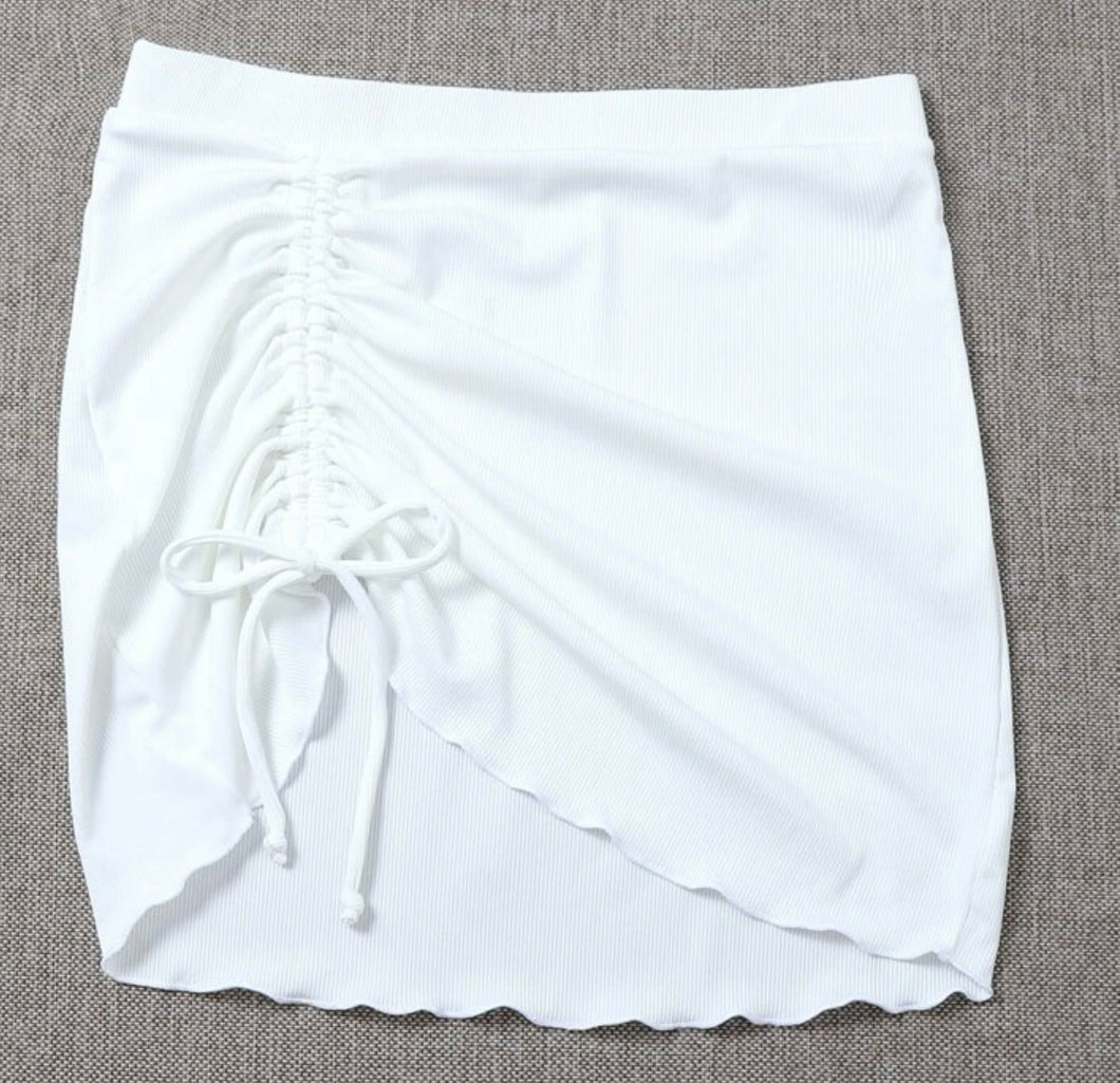 Shein Rib drawstring front beach skirt white L
