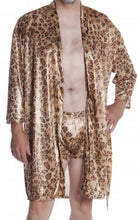 Load image into Gallery viewer, Men&#39;s Metallic Foil Short Wrap Robe in Gold Animal Print - OS
