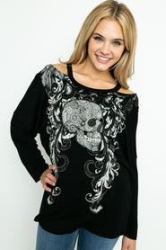 Cut out long sleeve Top with gem sugar skull - Black