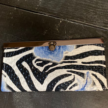 Load image into Gallery viewer, Blue floral and black zebra stripe wallet - top clasp open
