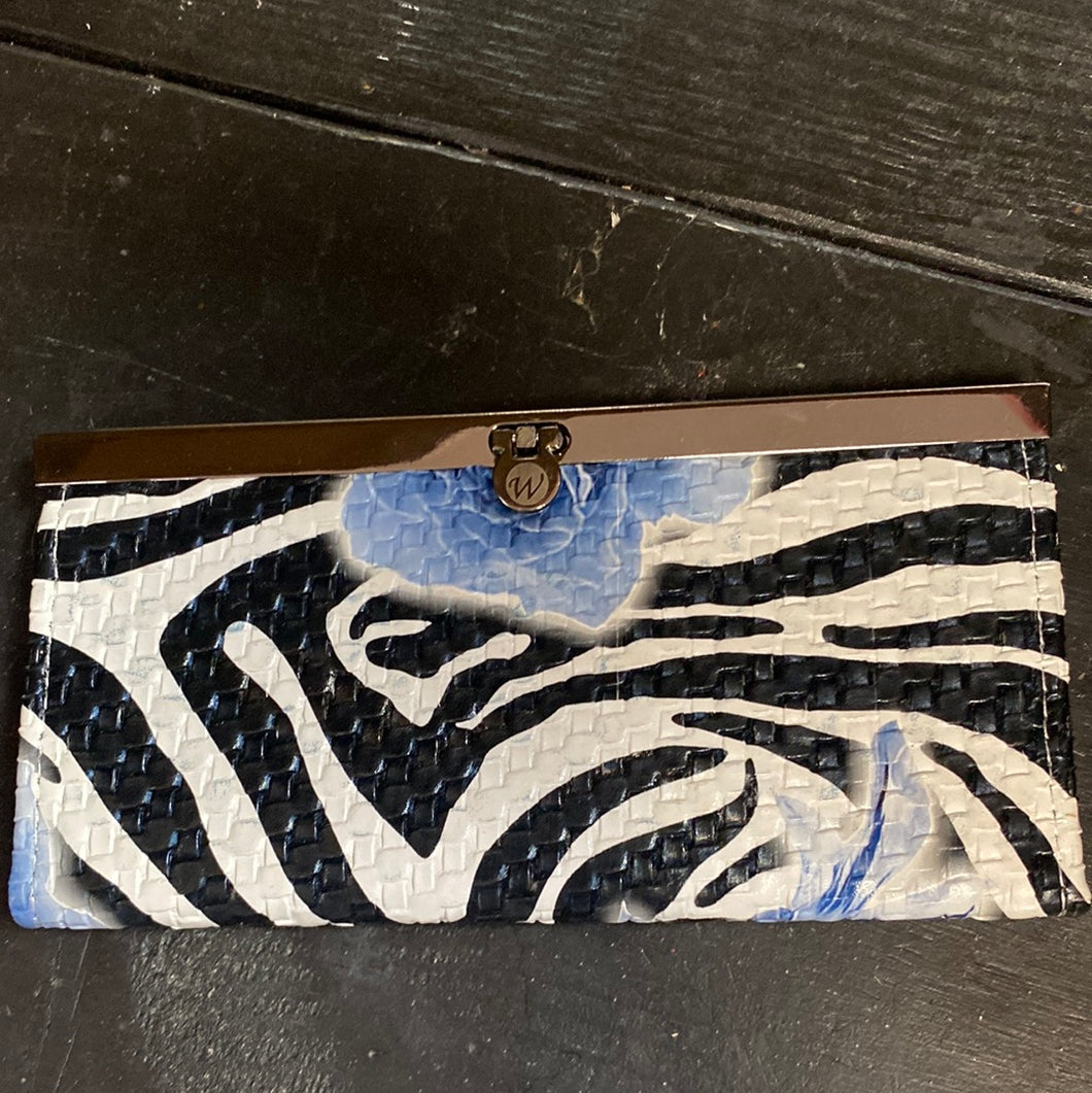 Blue floral and black zebra stripe wallet - top clasp open