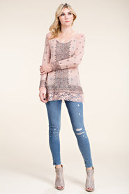 Peach Long Sleeve Top with print and stones lace hem by Vocal