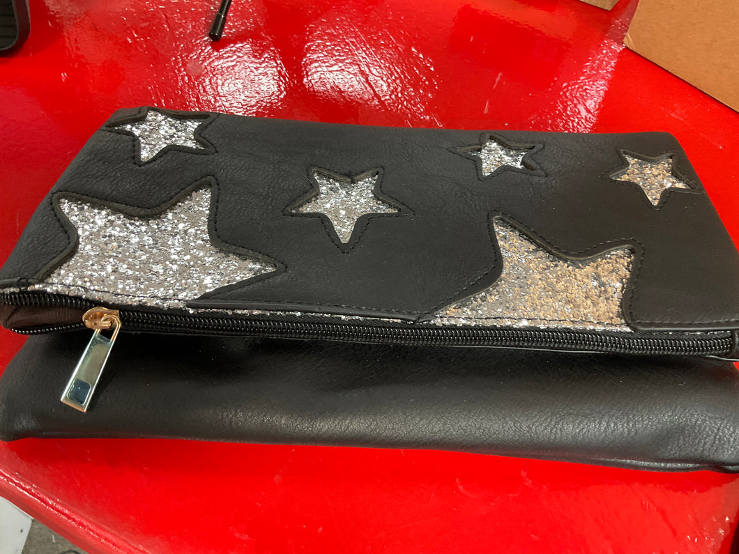 Black leather silver glitter star Crossbody bag fold over snap front