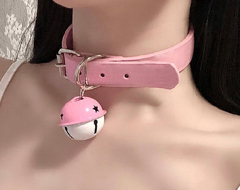 Pink Leather Collar w/bell pendant