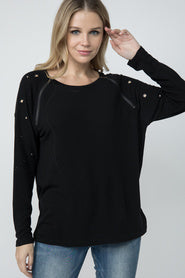 Zipper Long Sleeve Top with Grommets by Vocal - Black
