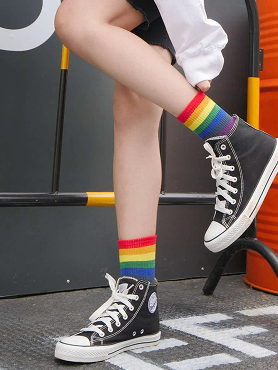 White Solid Rainbow Ankle Socks
