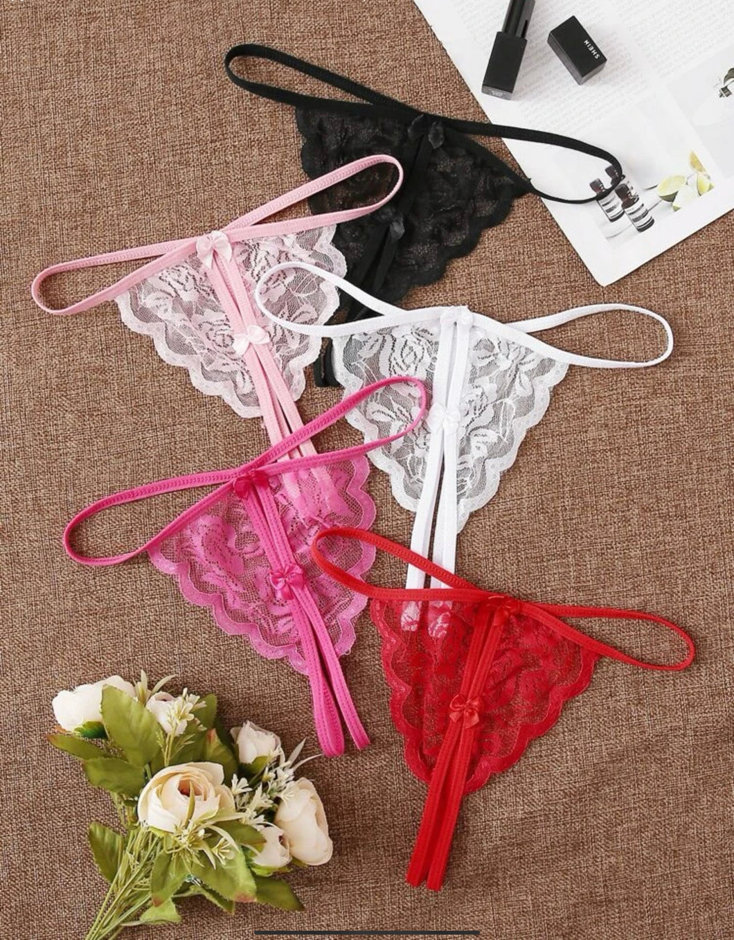 Floral Lace Crotchless Thong Red